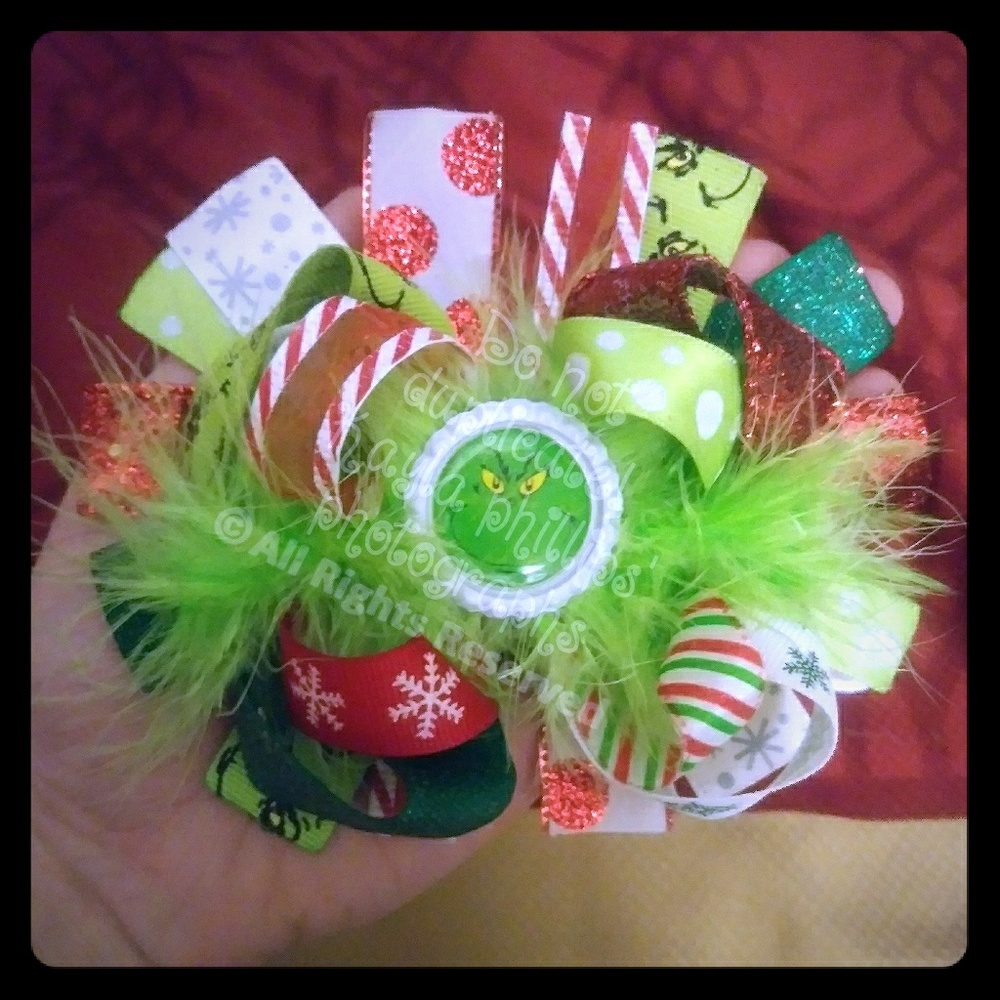 Grinch Christmas hair bow 6inch handmade by me
